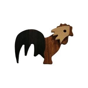 Vintage Wood Carved Rooster Brooch, Folk Art Pin, 2.5" Wide